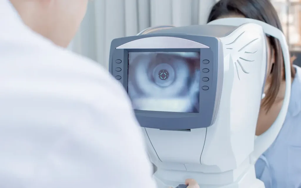 Contact Lenses Vs. Glasses – Which Is Right For You? 1 Contact Lens Exam With Autorefractor Measuring Eye Health And Vision.