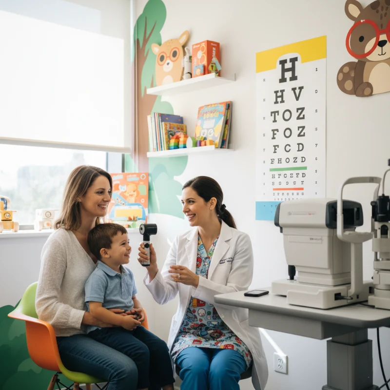 Safeguarding Your Child'S Future: The Definitive Guide To The Pediatric Eye Exam At Villages Opticals 1 A Female Eye Doctor Performs A Refraction Exam With A Phoropter, Representing The Detailed Care Involved In Pediatric Vision Assessment.