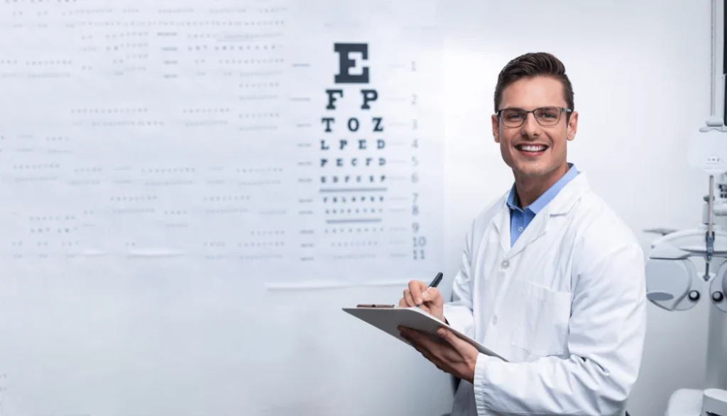 Smiling Optometrist Wearing Glasses Holding A Clipboard In Front Of An Eye Chart.